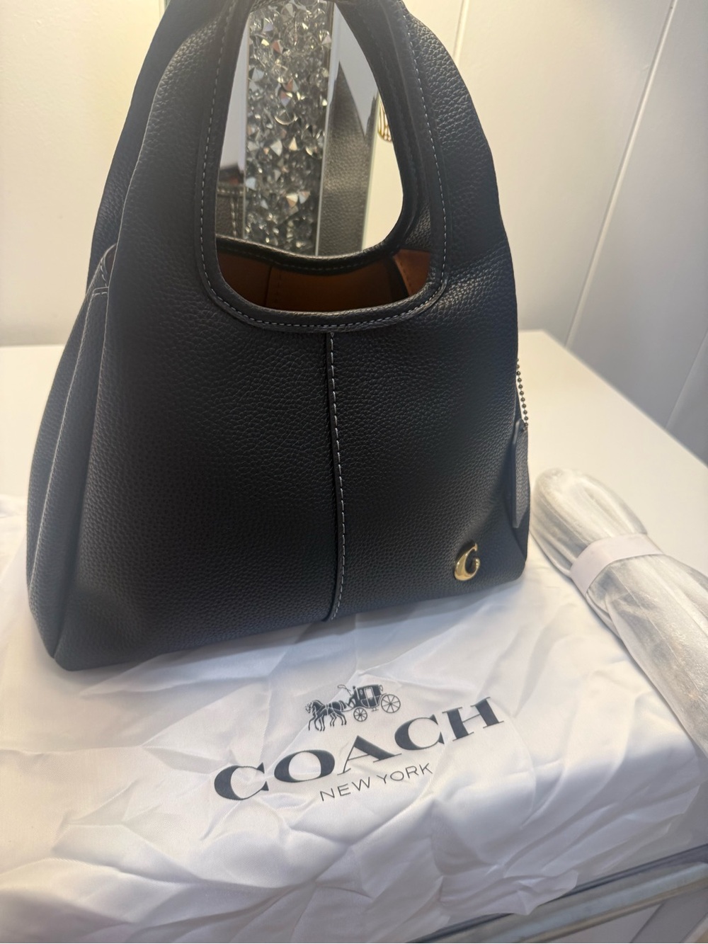 Coach Black Pebbled Leather Shoulder Tote with Gold Accent